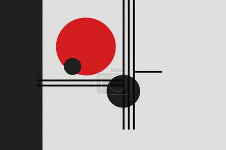 An artwork showcasing a balance of geometric shapes in bold red, black, and white