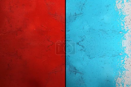 Un mur texturé vif divisé entre rouge profond et bleu vif avec une division distincte et audacieuse