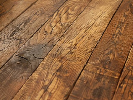 This image captures a close-up view of a rustic oak wood floor, emphasizing the rich, natural grain patterns and textural details.