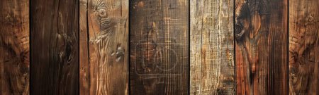 This panoramic image captures the natural beauty of dark wooden planks, each marked with distinct textures and patterns.