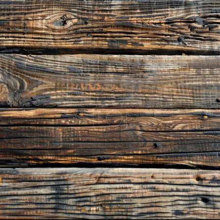 Dieses Bild fängt die einzigartige Schönheit verkohlter Holzplanken ein und betont ihre reichen textuellen Details und den Kontrast zwischen tiefschwarzem Saibling und natürlichen braunen Holztönen..
