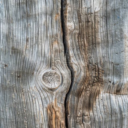 This photograph captures the unique character of a weathered grey wooden surface, emphasizing a prominent knot and deep textures.