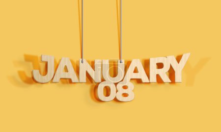 Photo for 3D Wood decorative lettering hanging shape calendar for January 08 on a yellow background Home Interior and copy-space. Selective focus,3D illustration - Royalty Free Image