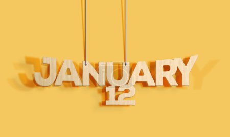 Foto de 3D Wood decorative lettering hanging shape calendar for January 12 on a yellow background Home Interior and copy-space. Selective focus,3D illustration - Imagen libre de derechos