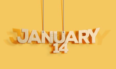 Téléchargez les photos : 3D Wood decorative lettering hanging shape calendar for January 14 on a yellow background Home Interior and copy-space. Selective focus,3D illustration - en image libre de droit
