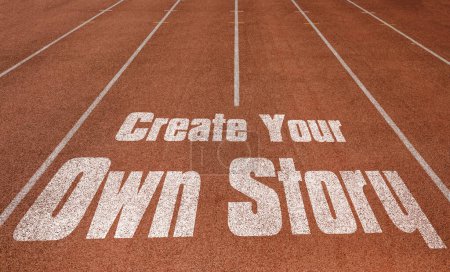 Foto de Create Your Own Story written on running track, New Concept on running track text in white color - Imagen libre de derechos