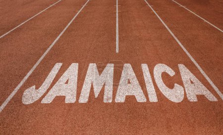 Téléchargez les photos : Jamaica written on running track, New Concept on running track text in white color - en image libre de droit