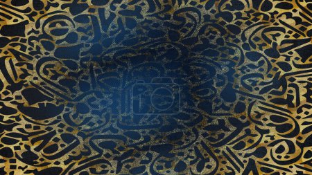 Arabische Kalligrafie-Tapete an der Wand, Farbverlauf blau und golden, ineinander greifender Hintergrund, Übersetzung der "arabischen Buchstaben miteinander verflochten"