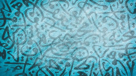 Arabische Kalligrafie-Tapete an einer Wand mit blauem Hintergrund und altem Papiergeflecht. Übersetzen "Arabische Buchstaben"