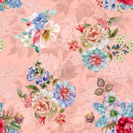 Digital Flower Pattern, Textile Pattern Design, watercolor illustration of abstract flowers, seamless pattern, Textile Digital Printing Design