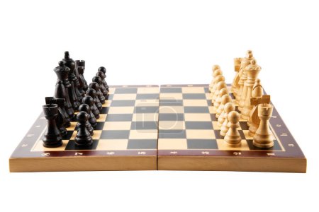 Vintage chess board with checkers, pawns, knights, rooks, bishops, queen and king, black and white colors. Chess board game for ideas and competition and strategy, business success concept.                               