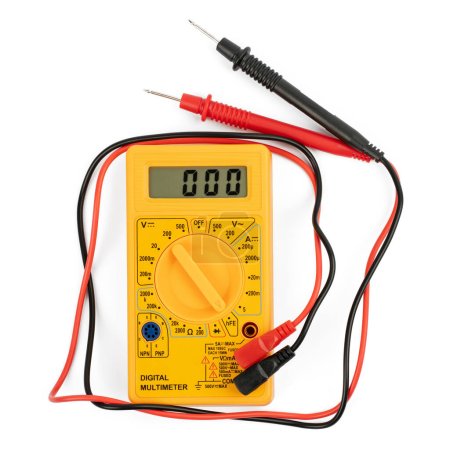 Digital multimeter with probes on a white background.