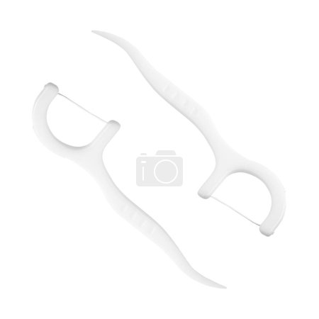 Photo for Floss toothpick isolated on white. Dental hygiene concept. Set of dental floss, toothpick. Plastic white dental toothpick with floss. Dental floss - Royalty Free Image