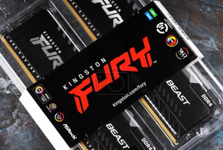 Photo for Dnepropetrovsk, Ukraine 2023.04.28: Kingston FURY Beast RGB DDR4 32GB. Desktop computer memory. DIMM DDR4 memory modules. Parts for assemble PC. - Royalty Free Image