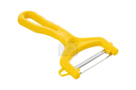 Paring knife isolated on white background, kitchen equipment. Fruit paring knife with plastic handles in yellow colors isolated on a white background.