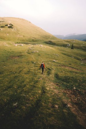 Téléchargez les photos : Back view of female backpacker walking on a pathway in the mountains - en image libre de droit
