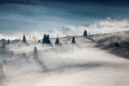 Majestic sunrise in the mountains with fog clouds. Autumn nature landscape at Bucovina, Romania