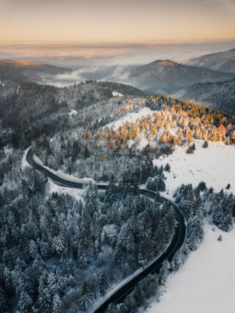 Téléchargez les photos : Aerial view of winding road from high mountain pass with snow covered trees in Transylvania, Romania. Nature travel concept. - en image libre de droit