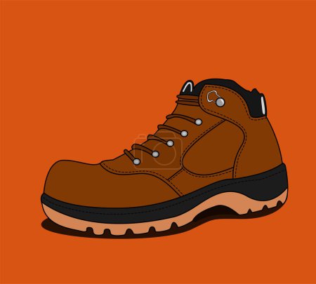 Téléchargez les photos : Vector illustration of safety boots for workers. brown men's shoes isolated on orange background. - en image libre de droit