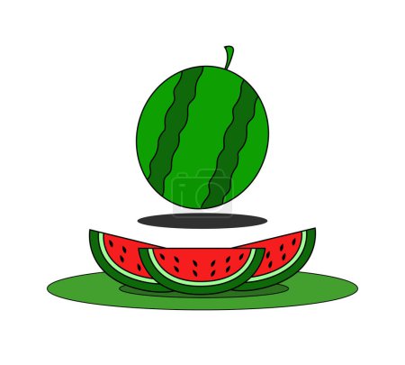 Téléchargez les photos : Vector logo of a whole ripe red watermelon, green stem, sliced watermelon with red flesh served on a plate. Watermelon pattern of natural sweet food. Eat delicious tropical fruit watermelon. - en image libre de droit