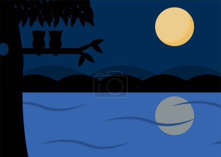 Téléchargez les illustrations : Landscape illustration of a night seascape silhouette. owl courting in a tree. - en licence libre de droit