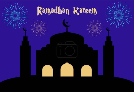 Téléchargez les photos : Concept mois ramadan kareem avec mosquée sur la colline et pétards festifs la nuit. vecteurs, illustrations et arrière-plans. - en image libre de droit
