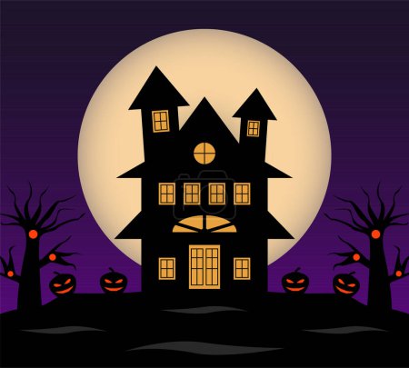 Téléchargez les photos : Fond gabarit halloween, maison vide avec citrouilles et arbres silhouette. - en image libre de droit