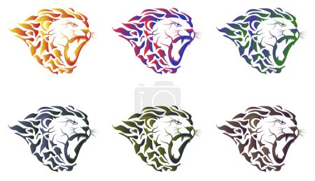 Téléchargez les photos : Ensemble de logos de tête de lion de feu coloré. le lion ouvrit la bouche. - en image libre de droit