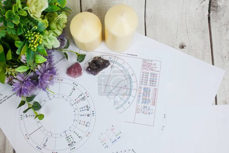 Foto de Printed astrology charts, work place for astrologer, life mapping, blueprint of life, forecasting for future, with Jupiter, Mercury, Sun, moon, Mars and Venus planets - Imagen libre de derechos