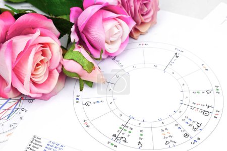 Photo for Printed astrology birth chart and red roses with heart, workplace of astrology, spiritual, The callings, hobbies and passion, blueprints and life mapping - Royalty Free Image