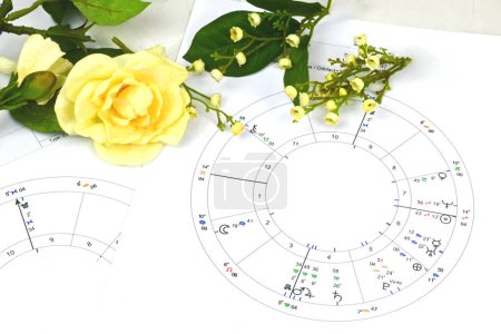 Photo for Close up of printed astrology birth chart, table of aspects and white flowers, workplace of astrology, spiritual, The callings, hobbies and passion, blueprints and life mapping. - Royalty Free Image