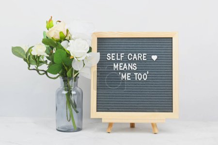 Photo for Grey letter board with phrase Self care means Me too. Self love, Mindfulness lifestyle, mental health. Aspiration, affirmative and supportive sentence. - Royalty Free Image