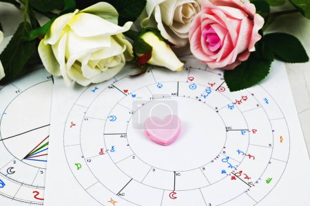 Téléchargez les photos : Astrology birth chart compatibility for partner with heart. Astrological Compatibility men and women, synastry layout. New age astrological - en image libre de droit