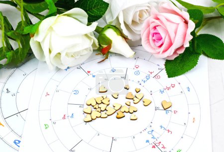 Téléchargez les photos : Astrologie compatibilité carte de naissance pour partenaire avec le cœur. Compatibilité Astrologique hommes et femmes, agencement synastrique. Nouvel âge astrologique - en image libre de droit