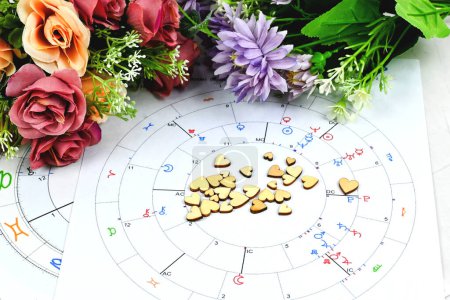 Téléchargez les photos : Astrology birth chart compatibility for partner with heart. Astrological Compatibility men and women, synastry layout. New age astrological - en image libre de droit