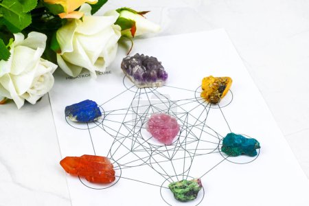 Crystals healing for 7 chakras, Merkaba, Metatrons Cube sacred geometry space spiritual new age, alternative healing, ruby, amber, rose quart, turquoise, lapis lazuli, amethyst. 