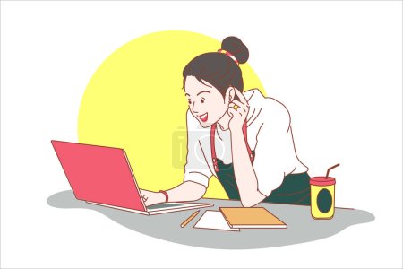 Illustration for Starting a small business SME business owner, entrepreneur. Using laptop or notebook to take and check online orders, SME online business concept. cartoon vector illustration. - Royalty Free Image