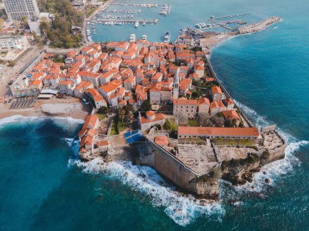 Drone views of Budva's Old Town in Montenegro