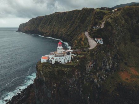 Drone view of Farol do Arnel in Sao Miguel, the Azores