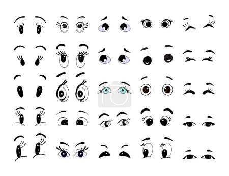 Téléchargez les illustrations : Cartoon eyes. Human eye, angry and happy facial eyes expressions. Comic facial character caricature, human eye emotions doodle. Isolated vector illustration icons set - en licence libre de droit