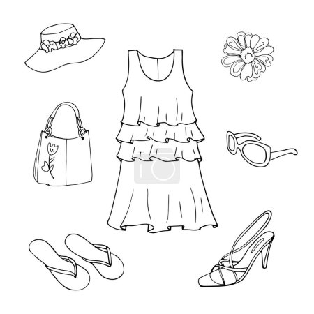 Illustration for Summer travel dress and accessorise for vacation. Woman clothing set. Vector hand-drown objects illustrations. Black and white fashion collection. - Royalty Free Image