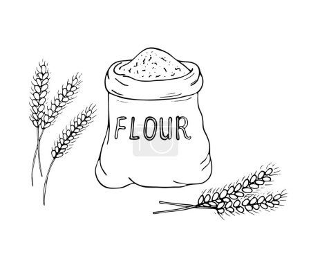 Téléchargez les illustrations : Sac de farine dessiné à la main avec des épis de blé, un sac d'illustration vectorielle de farine avec des épis de blé, isolé sur fond blanc - en licence libre de droit