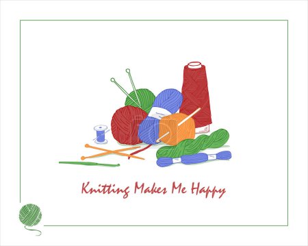 Illustration for Knitting illustration with text. Knitting makes me happy. Knitting web banner template. Set of tools for knitting and crochet. Vector illustration - Royalty Free Image