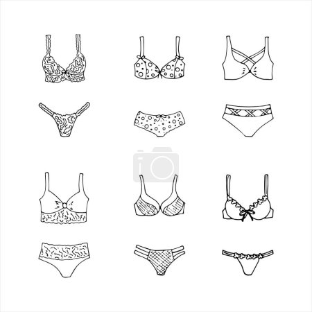 Illustration for Hand-drawn Lingerie set. Fashion feminine vector illustration. Sexy lacy woman underwear symbol collection Isolated fashion Vector illustration. - Royalty Free Image