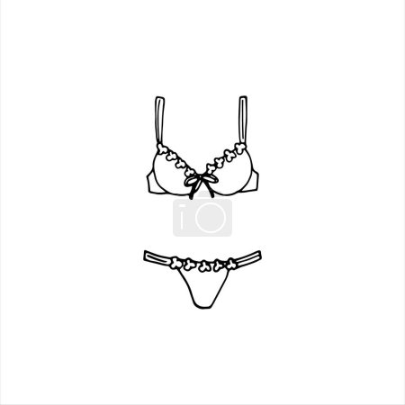 Illustration for Hand-drawn bra and panties. Fashion bikini. Drawing of female stylish lingerie.Hand-drawn women's lingerie. Vector sketch illustration isolated on a white background. - Royalty Free Image