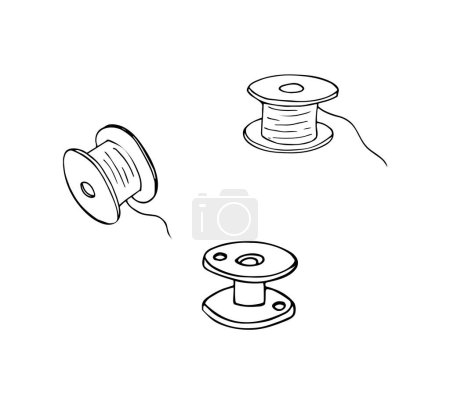 Ilustración de Bobinas de bobina dibujadas a mano para el hilo de la máquina de coser. Ilustración vectorial aislada. - Imagen libre de derechos