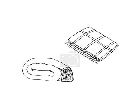 Hand drawn quilts. Folded plaid blanket set, side view.  Doodle style illustration, isolated on white background. 