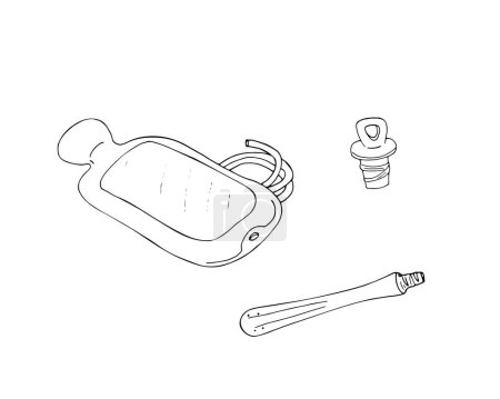 Hand-drawn Enema with a heating pad. Vector doodle illustration. Aid lavement clysis tube on white backdrop.
