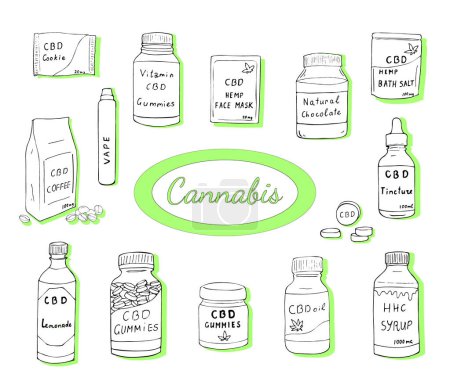Illustration for Cannabis outline icons vector set. Set of sketches for cannabis items, cbd coffee, face mask, pills, gummies, vitamins, tincture, cookies, bath sault, and etc.. - Royalty Free Image