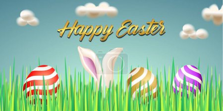 Foto de Fondo motivos de Pascua con oreja de conejo y huevos escondidos en la hierba, cielo azul con nubes - Imagen libre de derechos